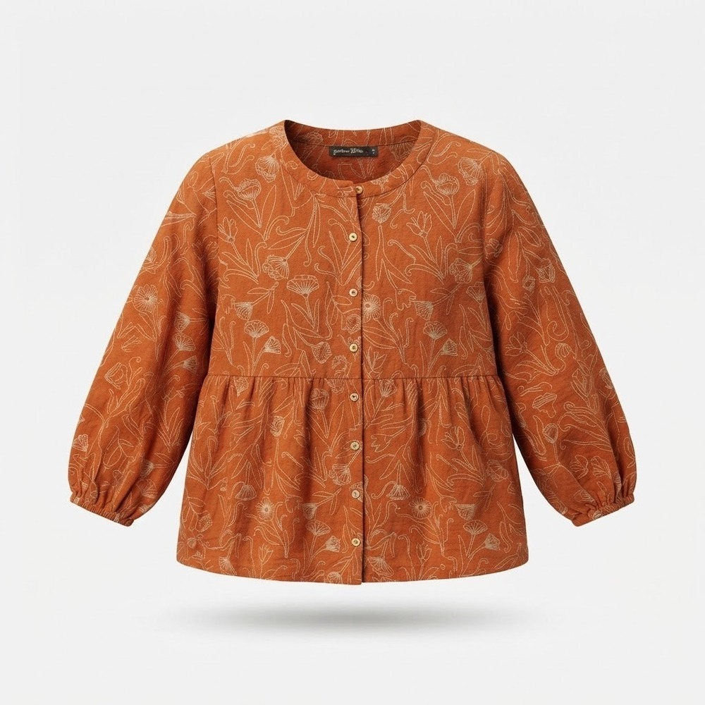 Gudrun Sjoden Organic Cotton Embroidered Floral Babydoll Blouse Orange Large